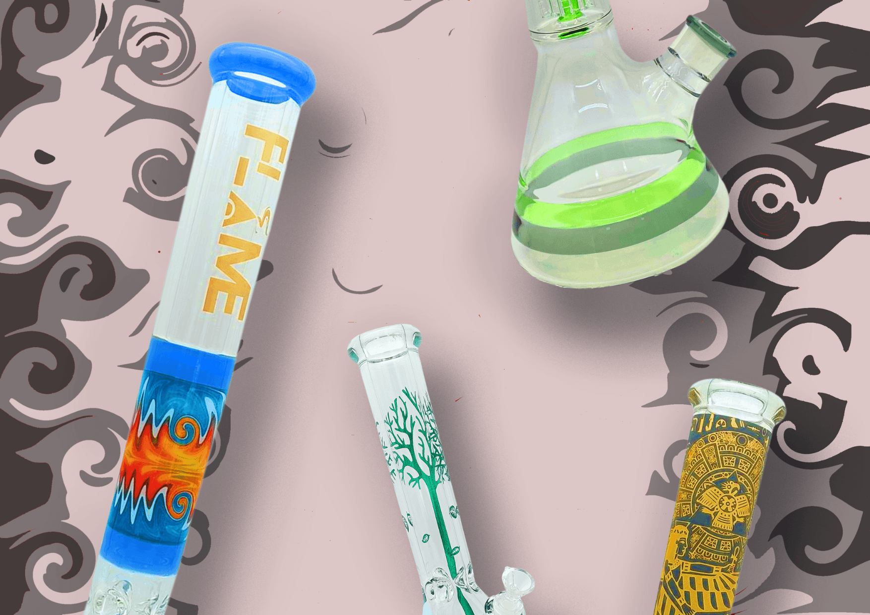 Bongs collection ranging from tree-perc bongs, nuclear perc, donut perc, rigs, zong bongs and more