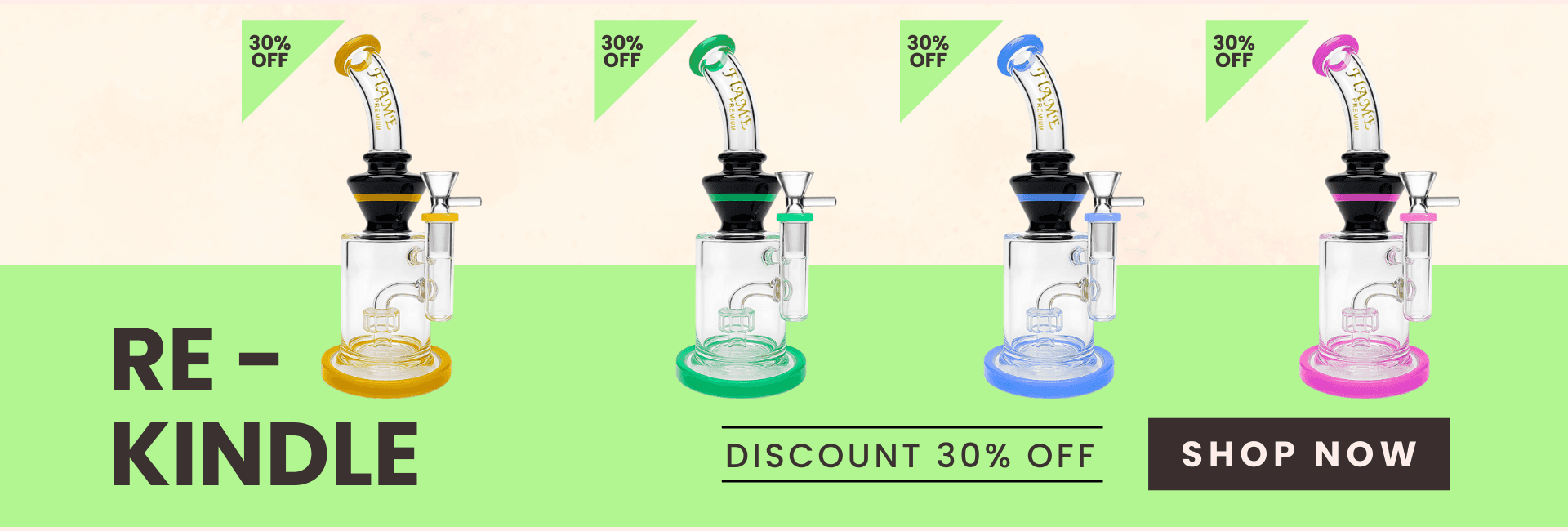 Flame Bongs Re-Kindle Collection – colorful dab rigs with percolators on 30% discount, available in yellow, green, blue, and pink