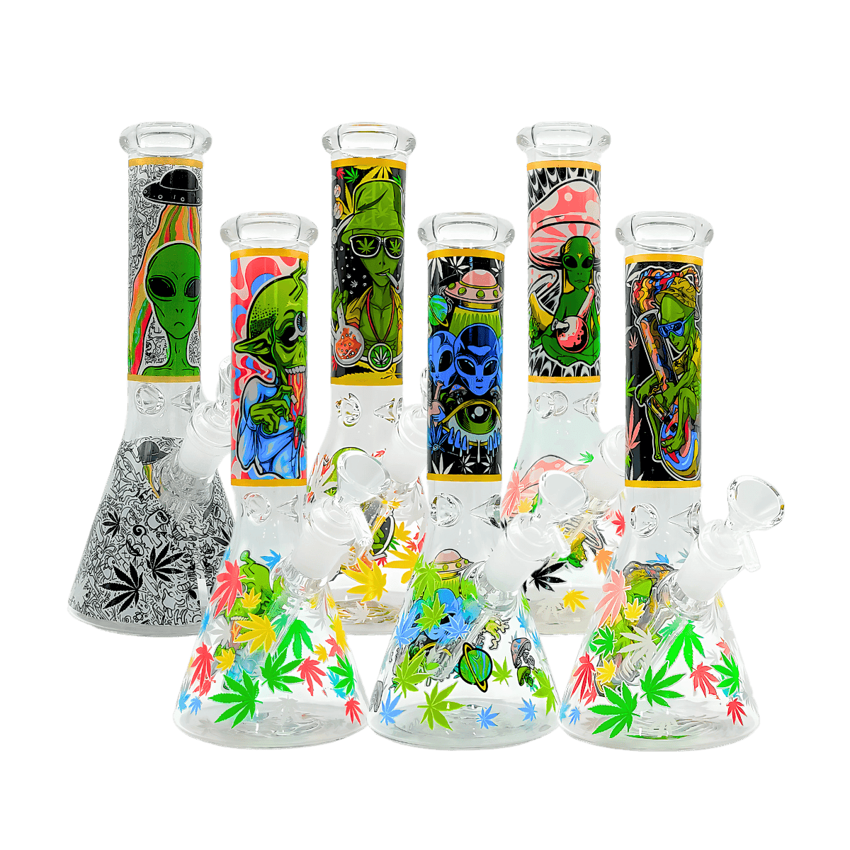 14" Aliens & Hemp Decal Glow in the Dark Beaker Bong - Assorted Decals