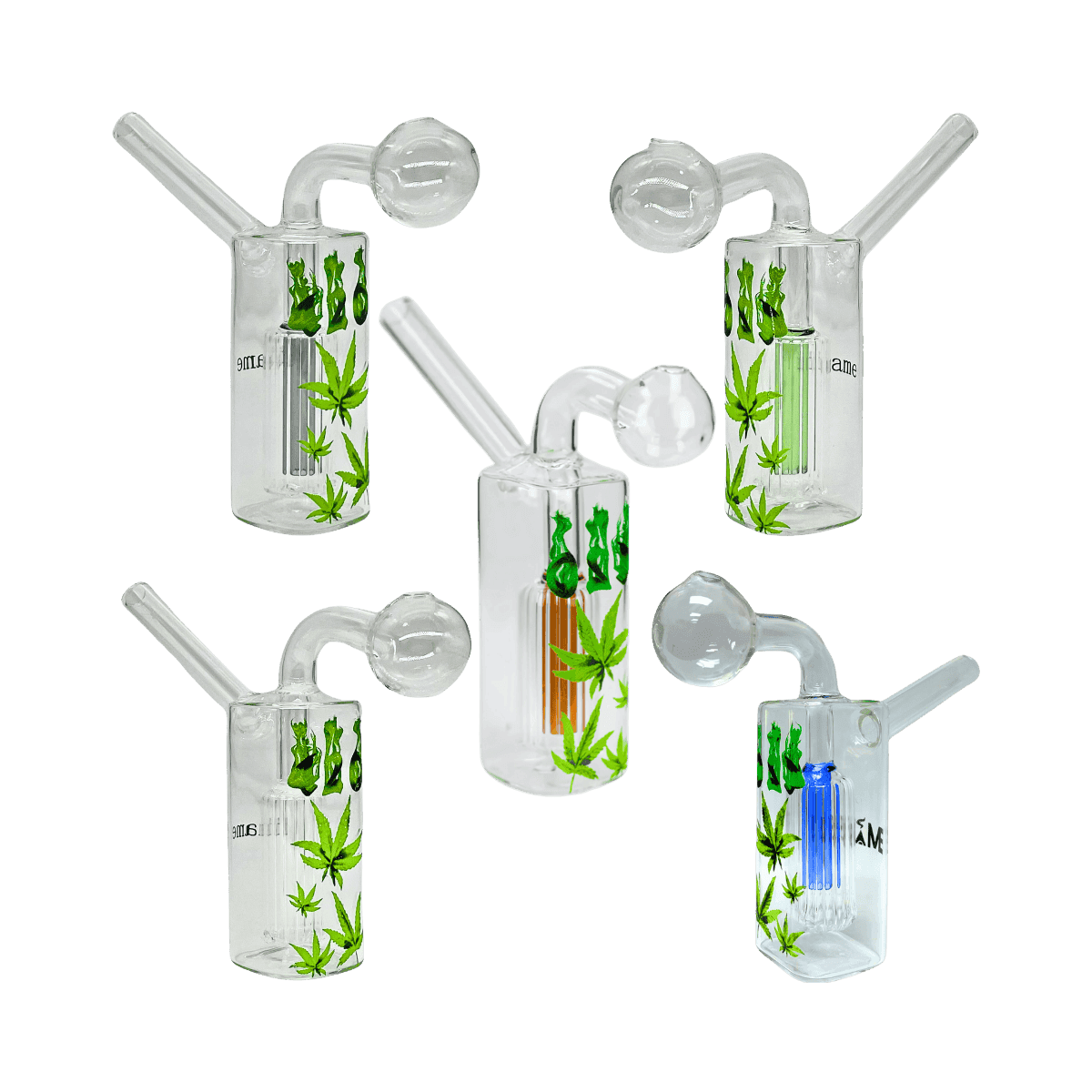 4.5" Oil Bong with Green Leaf Design and Straight Percolator (Set of 6)